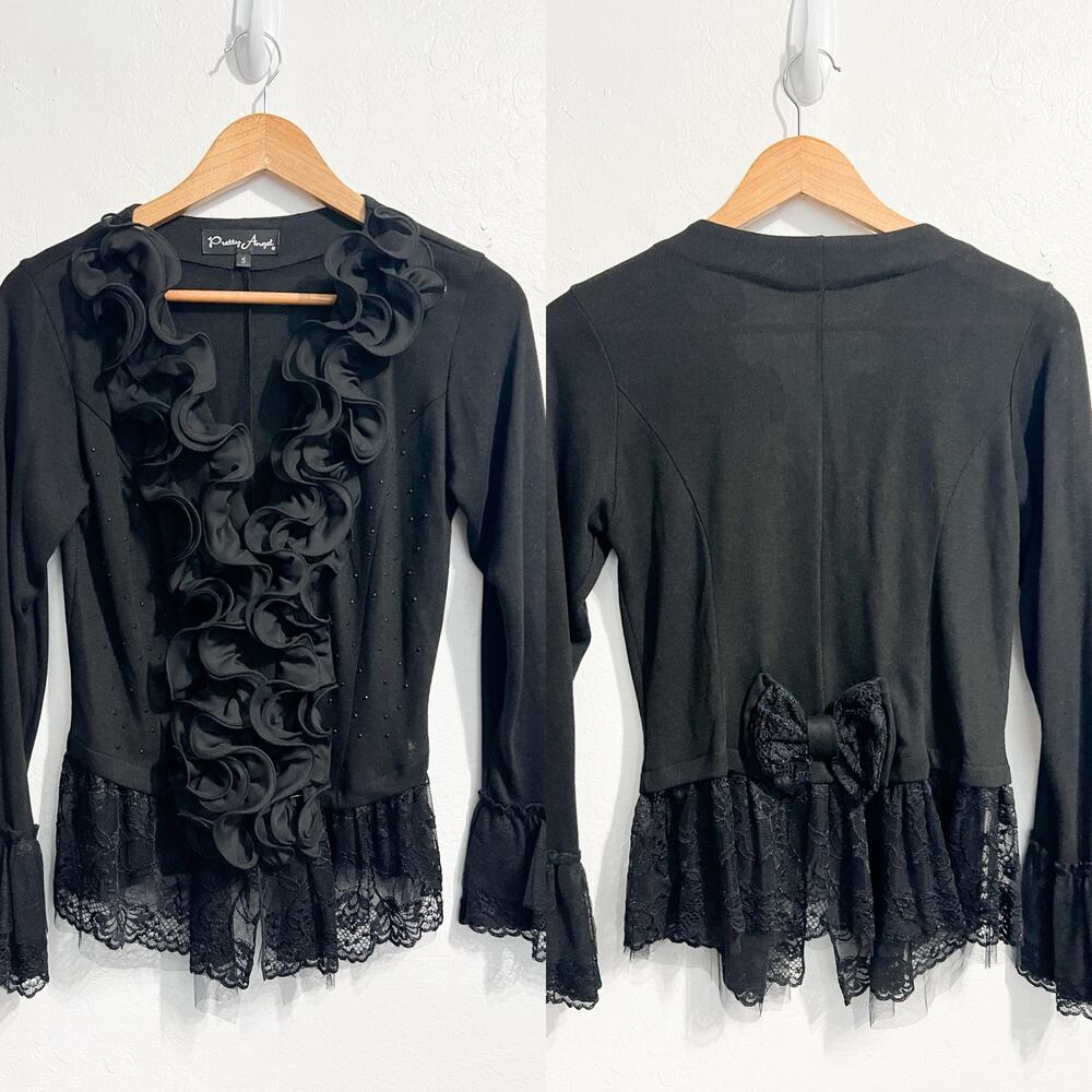 Y2K Pretty Angel Sweater Cardigan Small Rhinestone Lace Ruffle Whimsygoth Witchy